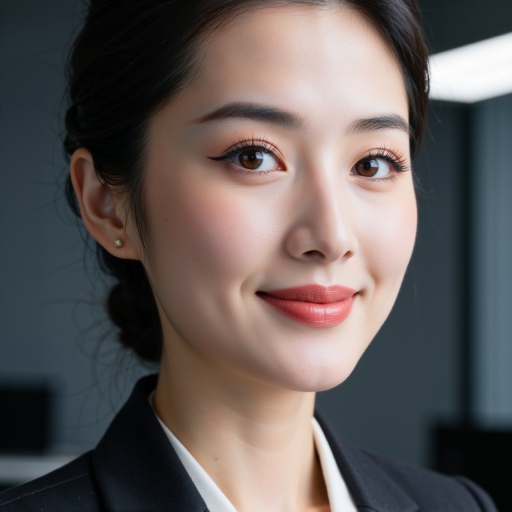 三十五岁左右女性头像，穿职业装，黑色背景，专注表情，技术专家形象